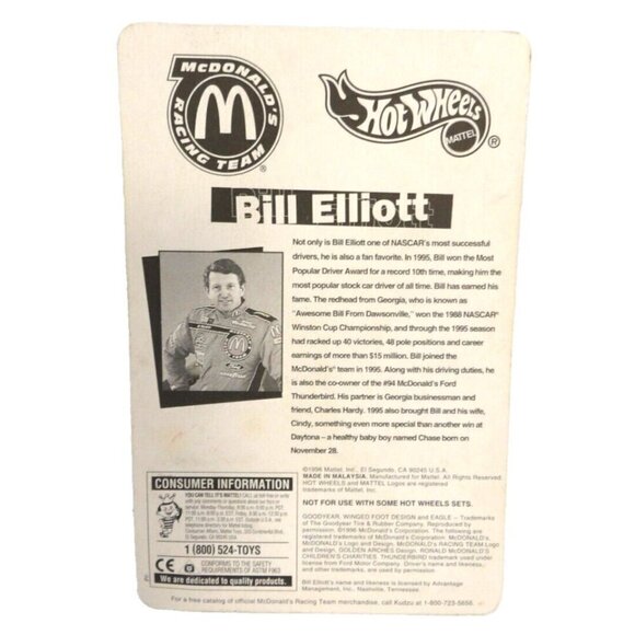 Hot Wheels McDonald's Racing Team BILL ELLIOTT toy car vintage MATTEL 1996, NEW - Picture 2 of 2